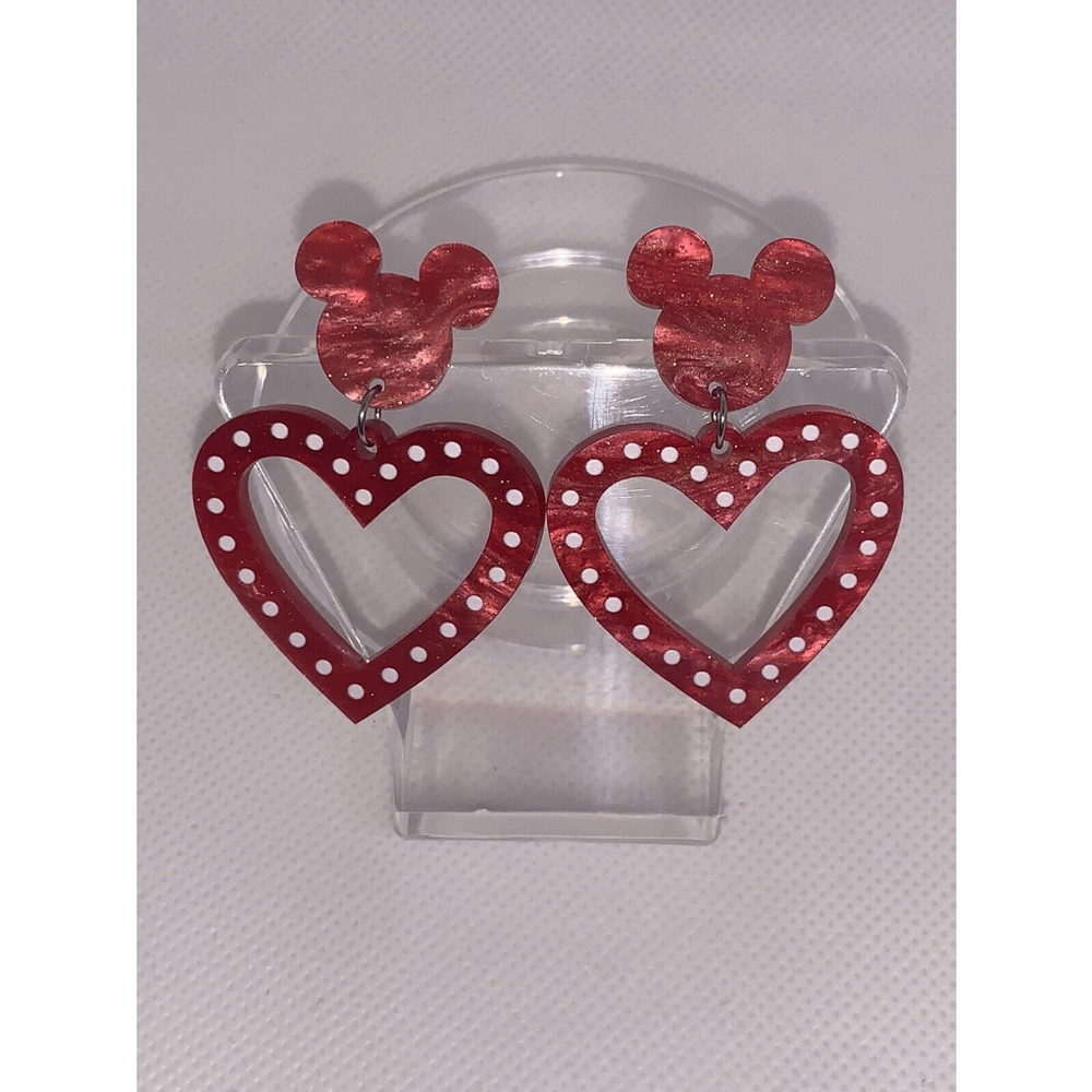 Red Mickey And Open Heart Dangle Resin Earrings 2 Inch Length